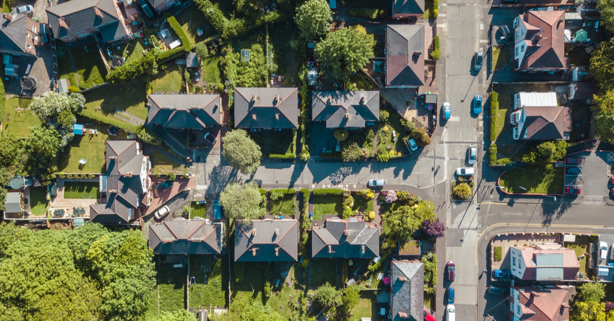 Aerial view of residential houses in the UK taken by drone