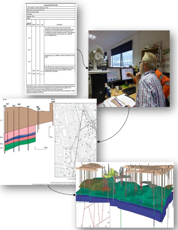A selection of geological images and a man sitting at a computer